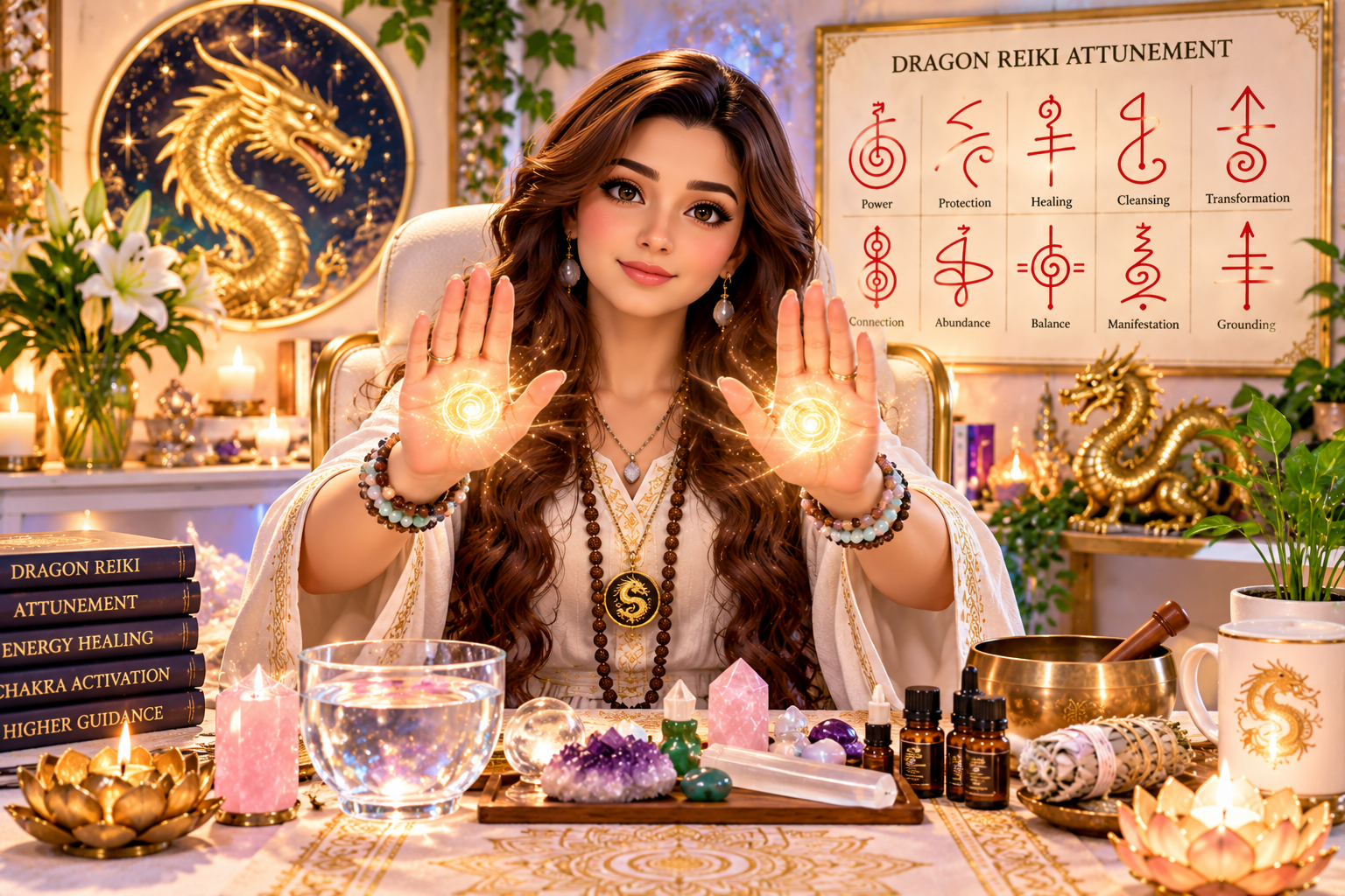 Dragon Reiki Attunement — healer showing glowing palms, with the ten Dragon Reiki symbols behind her