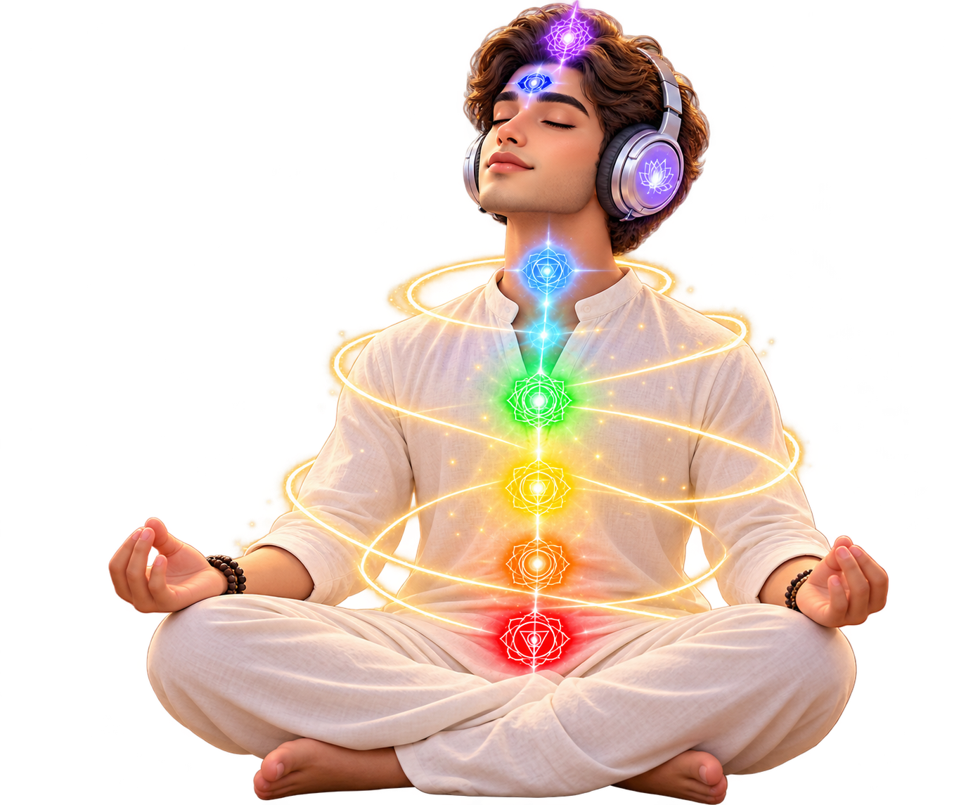 Receiver sitting in meditation with headphones, the seven chakras glowing along the body