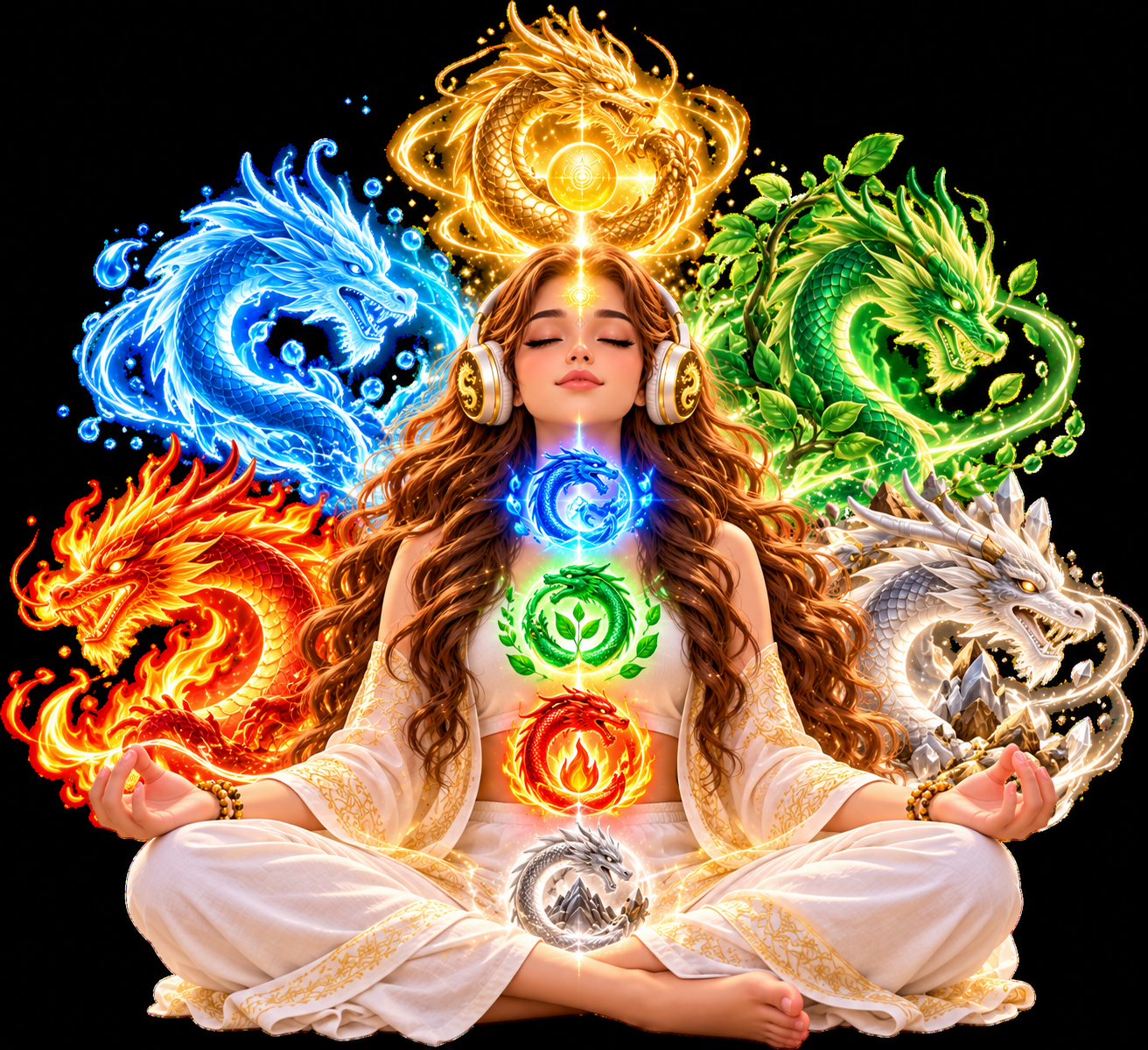 Dragon attunement receiver meditating with headphones, surrounded by five colourful dragon guardians