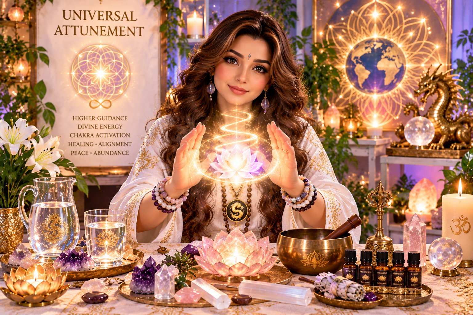 Universal Attunement — healer with a glowing lotus of light between her hands